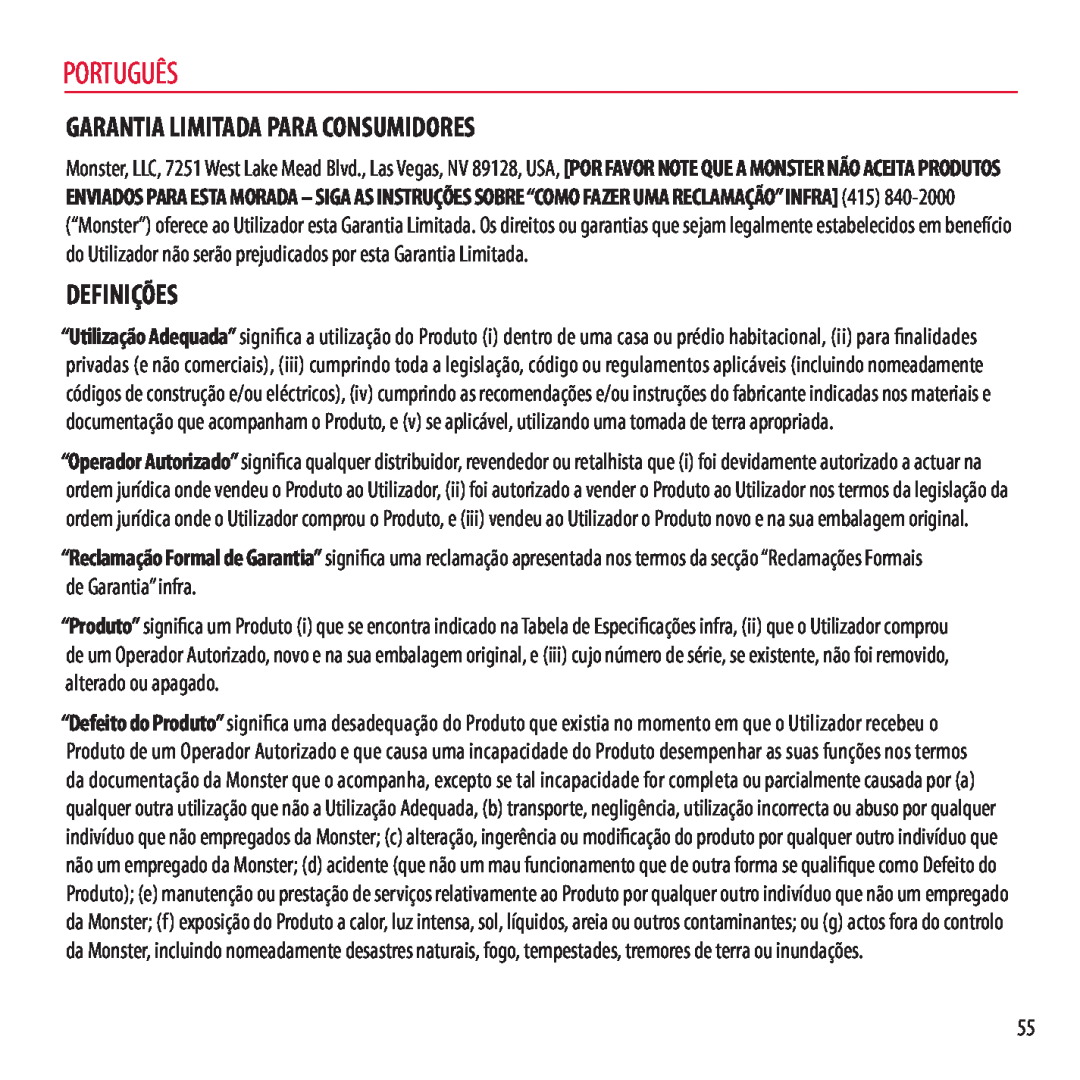 Monster Cable NCMHNTUONCTA, NCMHNTUONCRD, NCMHNTUONCPU warranty Português, Garantia Limitada Para Consumidores, Definições 