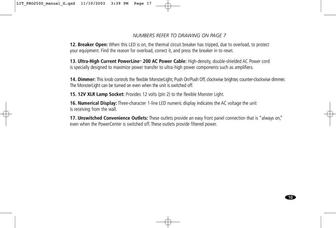 Monster Cable Pro 2500 owner manual Numbers Refer to Drawing on 