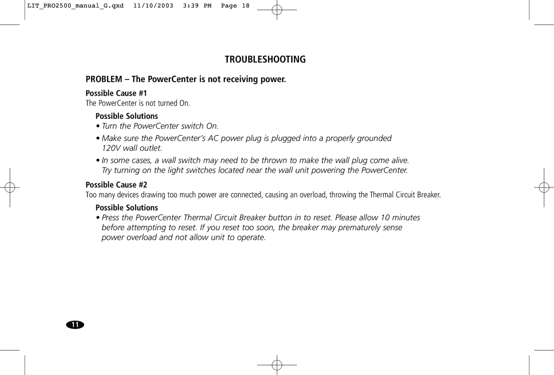 Monster Cable Pro 2500 owner manual Troubleshooting, Problem The PowerCenter is not receiving power 