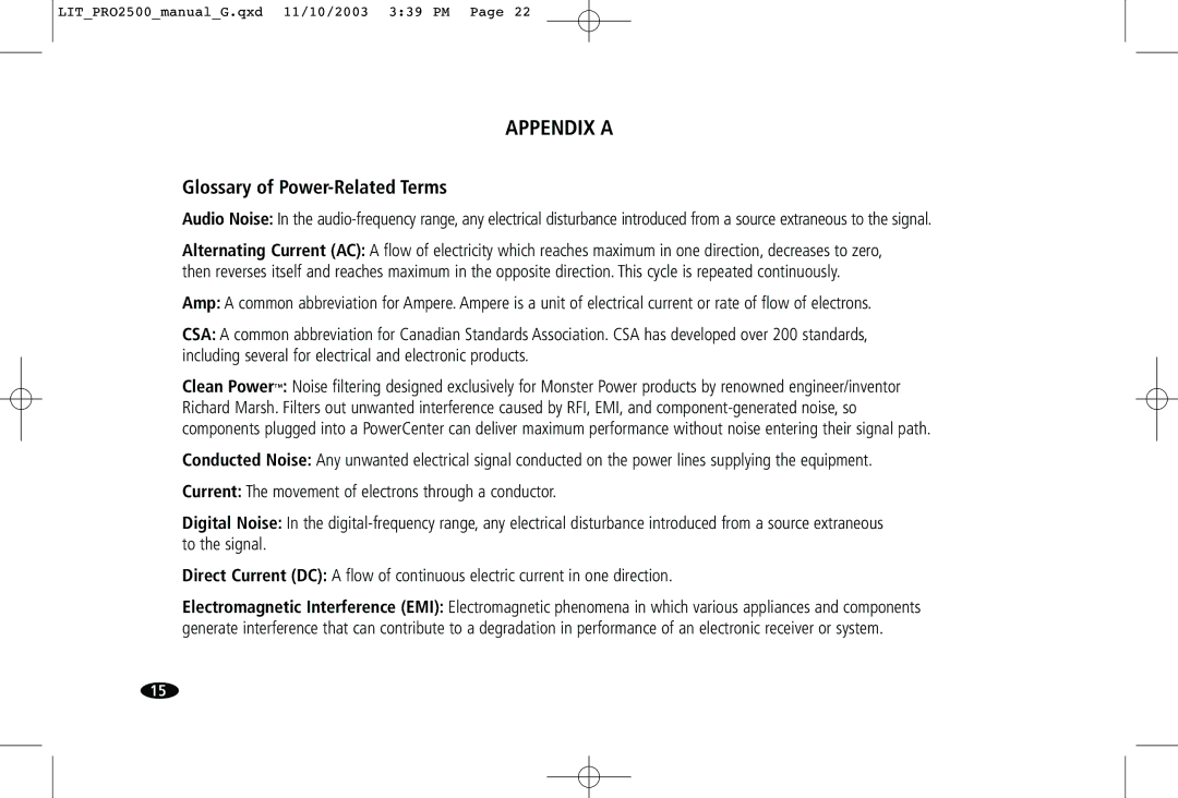 Monster Cable Pro 2500 owner manual Appendix a, Glossary of Power-Related Terms 