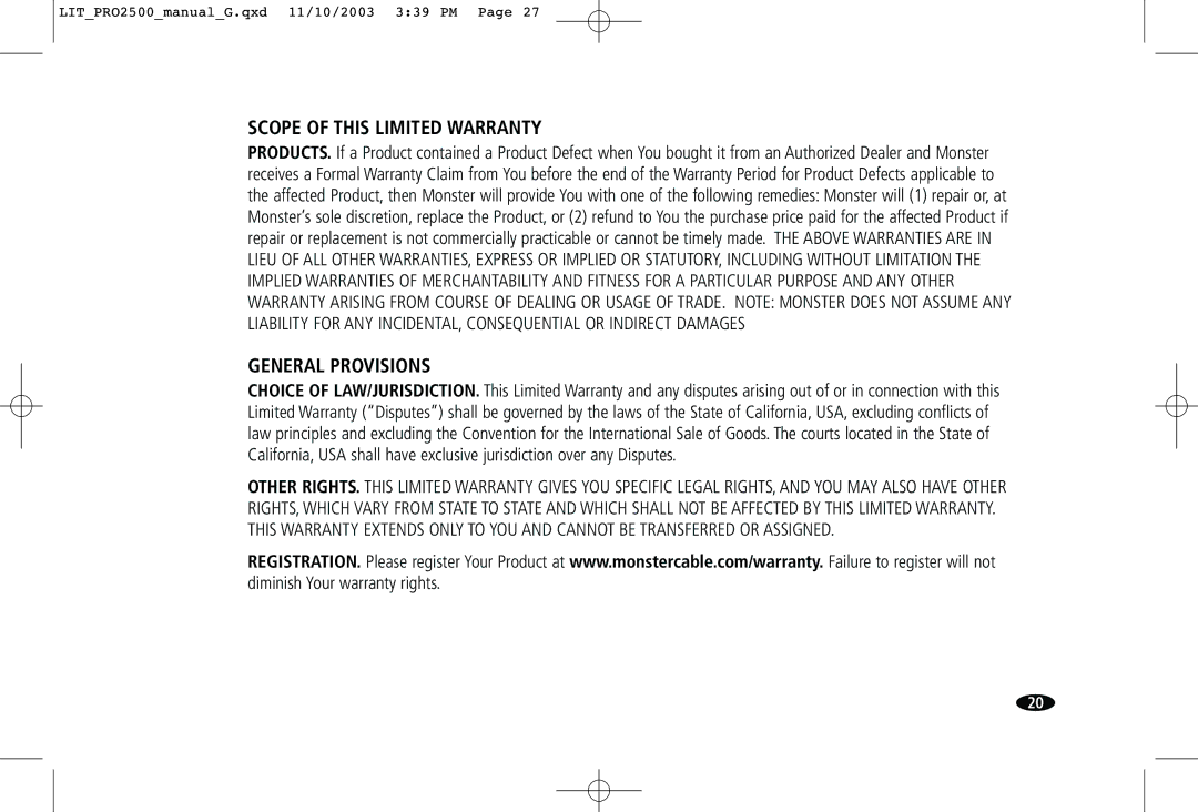 Monster Cable Pro 2500 owner manual Scope of this Limited Warranty 