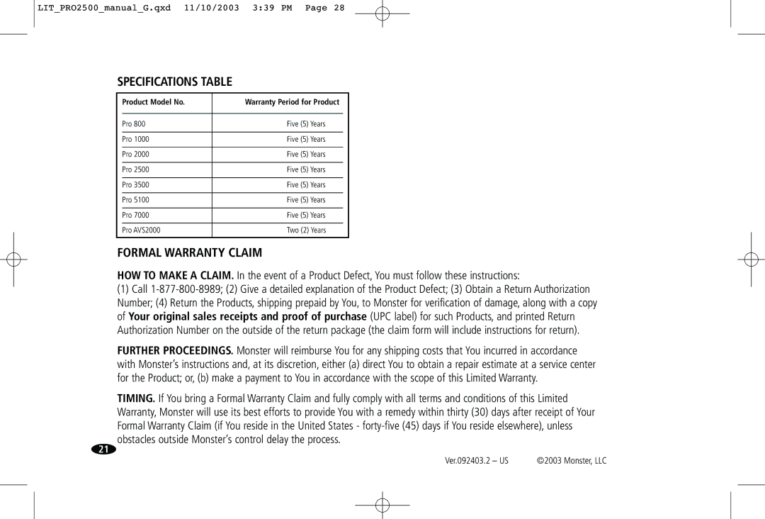 Monster Cable Pro 2500 owner manual Specifications Table 