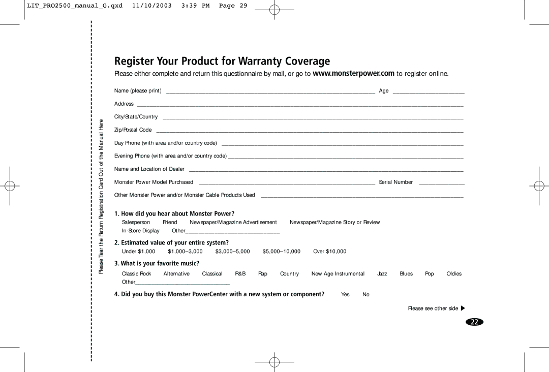 Monster Cable Pro 2500 owner manual Register Your Product for Warranty Coverage 