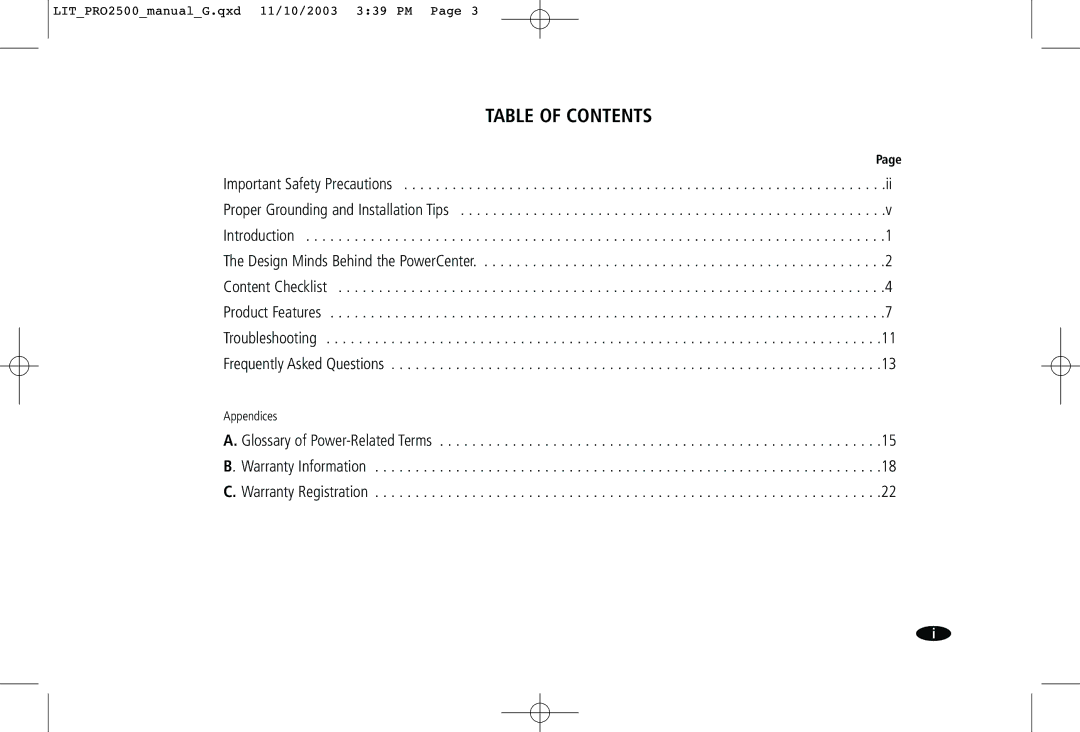 Monster Cable Pro 2500 owner manual Table of Contents 