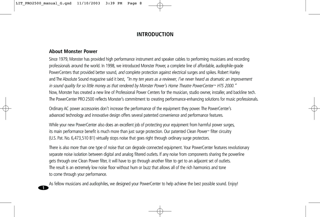 Monster Cable Pro 2500 owner manual Introduction, About Monster Power 