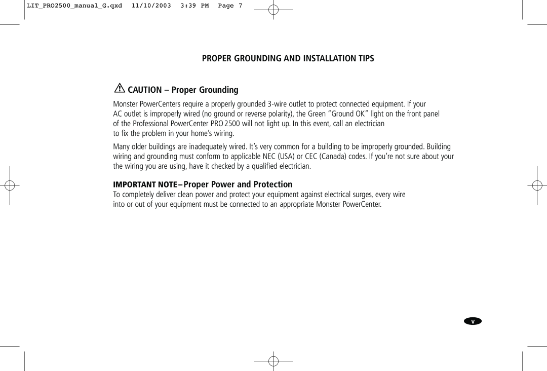 Monster Cable Pro 2500 owner manual Proper Grounding And Installation Tips, CAUTION - Proper Grounding 