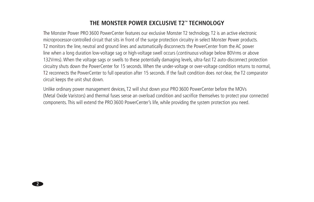 Monster Cable PRO 3600 owner manual Monster Power Exclusive T2 Technology 