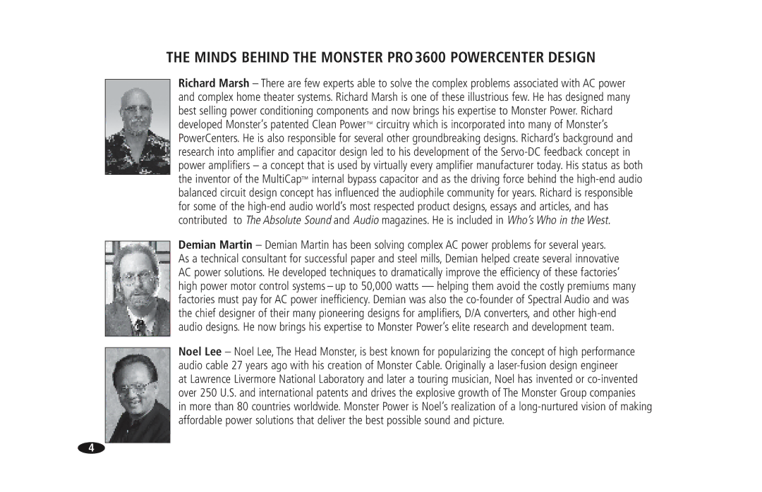 Monster Cable owner manual Minds Behind the Monster PRO 3600 Powercenter Design 