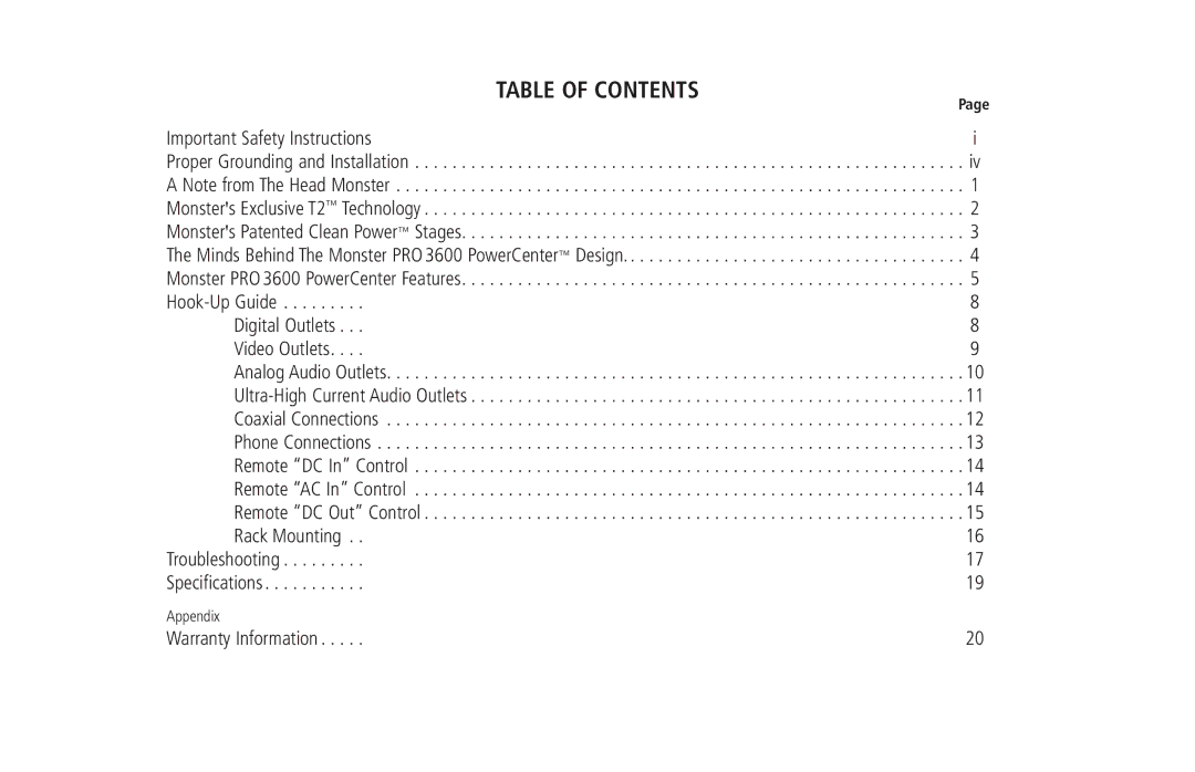 Monster Cable PRO 3600 owner manual Table of Contents 