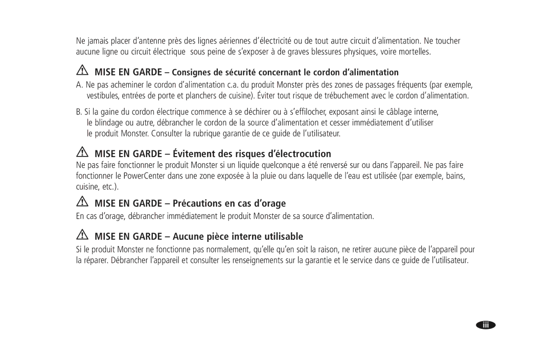 Monster Cable PRO 3600 Mise EN Garde Évitement des risques d’électrocution, Mise EN Garde Précautions en cas d’orage 