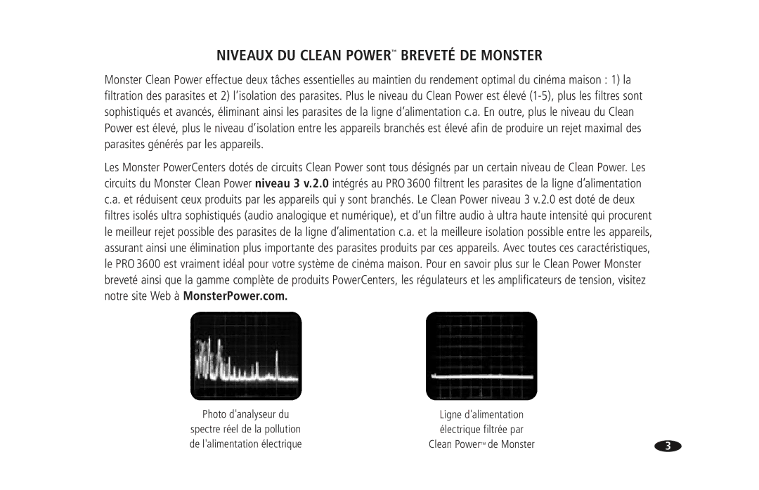 Monster Cable PRO 3600 owner manual Niveaux DU Clean Power Breveté DE Monster 