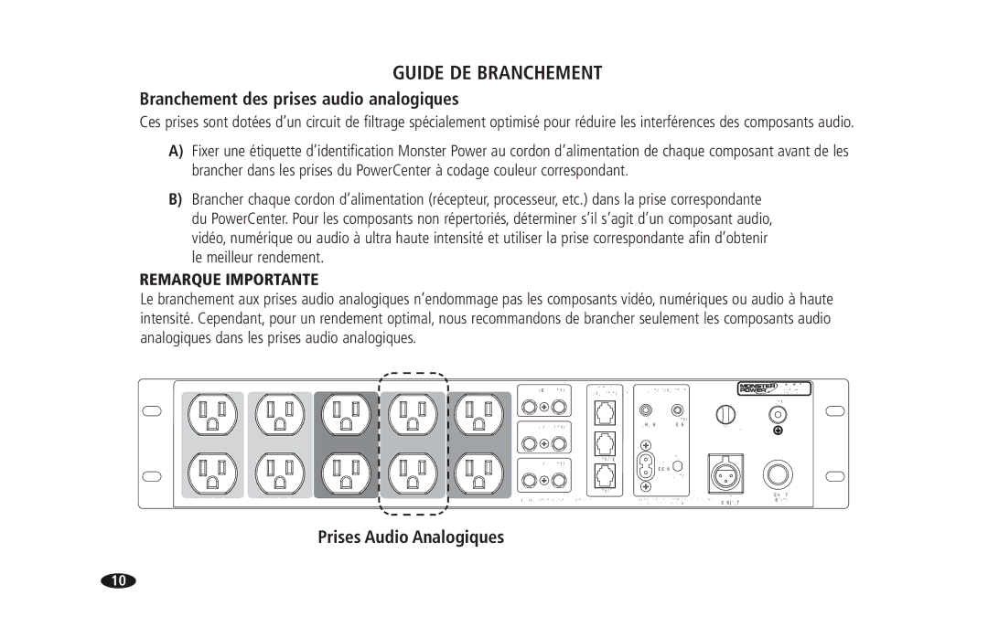 Monster Cable PRO 3600 owner manual Branchement des prises audio analogiques, Prises Audio Analogiques 