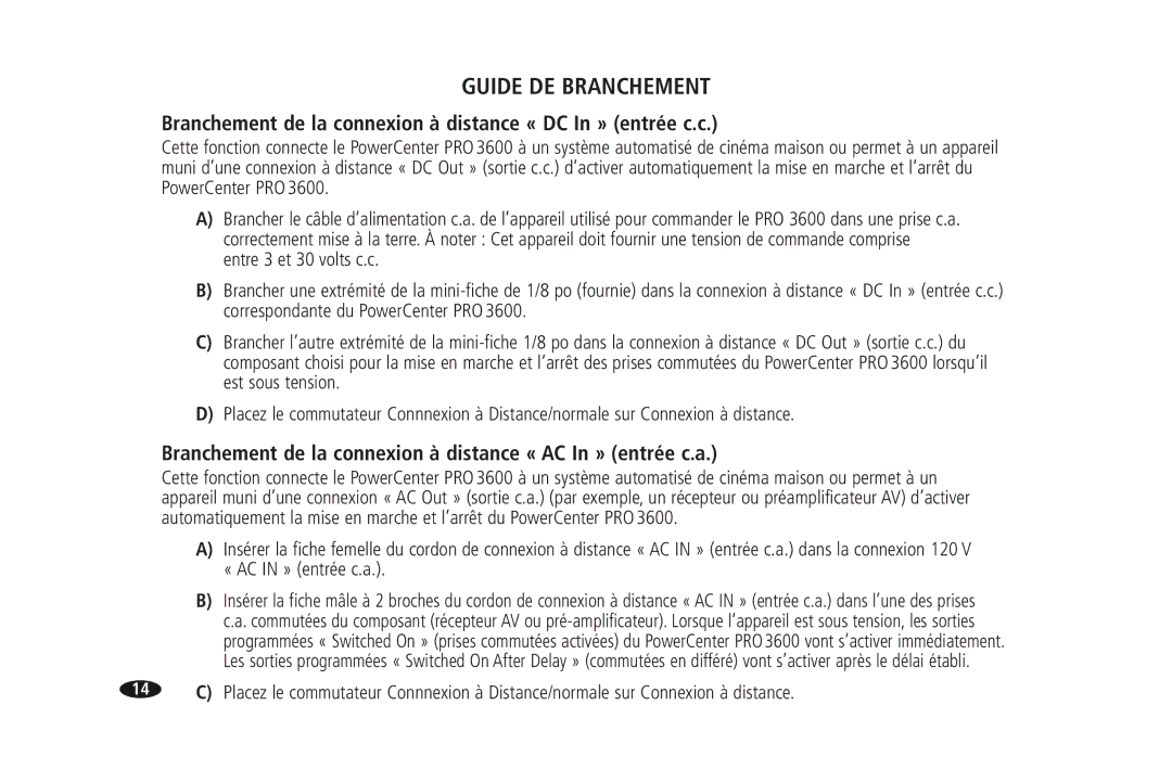 Monster Cable PRO 3600 owner manual Branchement de la connexion à distance « DC In » entrée c.c 