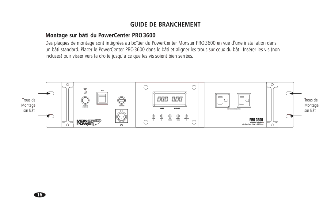 Monster Cable PRO 3600 owner manual Montage sur bâti du PowerCenter PRO 