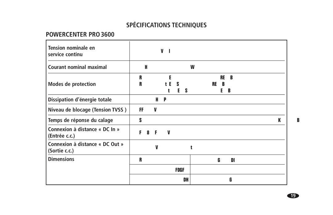 Monster Cable PRO 3600 owner manual Spécifications Techniques, Powercenter PRO 