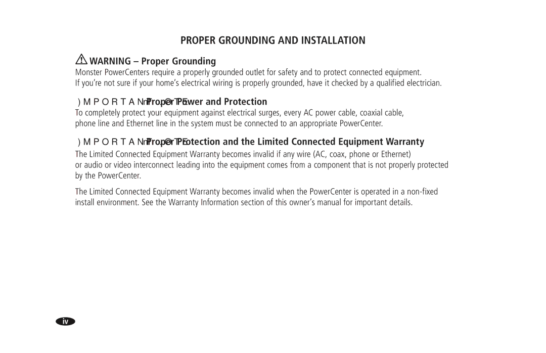 Monster Cable PRO 3600 owner manual Proper Grounding and Installation, Important Note Proper Power and Protection 