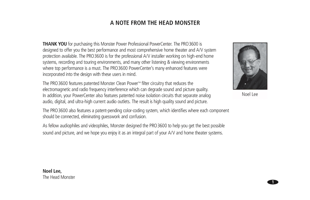 Monster Cable PRO 3600 owner manual Noel Lee 