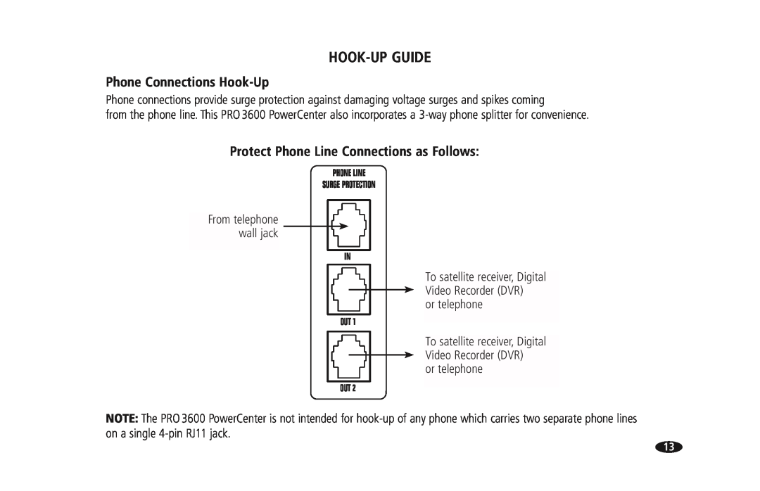 Monster Cable PRO 3600 owner manual Phone Connections Hook-Up, Protect Phone Line Connections as Follows, Hook-Upguide 