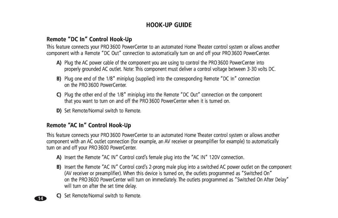 Monster Cable PRO 3600 owner manual Remote “DC In” Control Hook-Up, Remote “AC In” Control Hook-Up, Hook-Upguide 