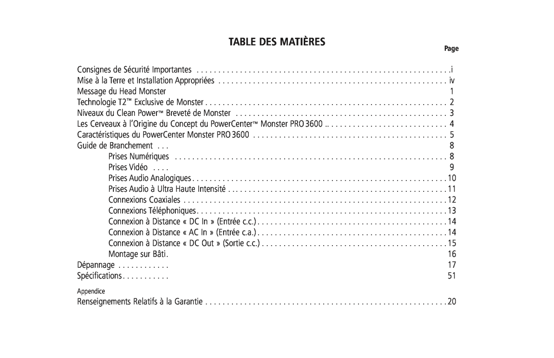 Monster Cable PRO 3600 owner manual Table Des Matières 