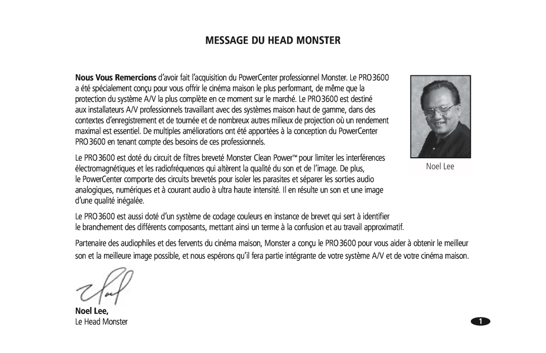 Monster Cable PRO 3600 owner manual Message Du Head Monster, Noel Lee, Le Head Monster 