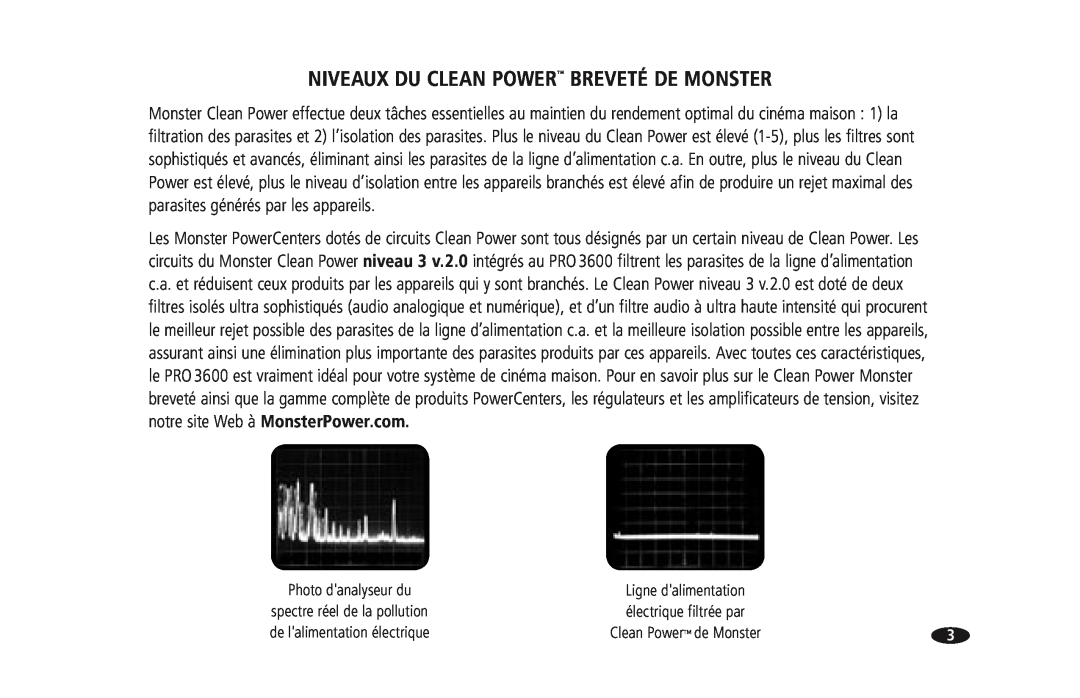 Monster Cable PRO 3600 owner manual Niveaux Du Clean Power Breveté De Monster, Photo danalyseur du, Ligne dalimentation 