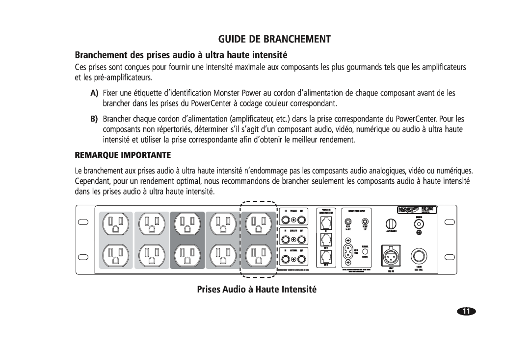 Monster Cable PRO 3600 owner manual Prises Audio à Haute Intensité, Guide De Branchement, Remarque Importante 