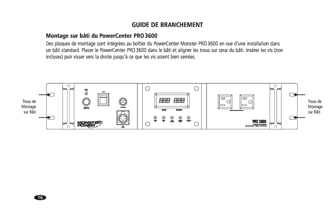Monster Cable PRO 3600 owner manual Montage sur bâti du PowerCenter PRO, Guide De Branchement, Trous de 