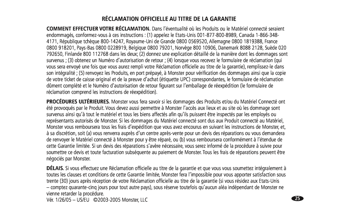 Monster Cable PRO 3600 Réclamation Officielle Au Titre De La Garantie, Vér. 1/26/05 - US/EU 2003-2005Monster, LLC 