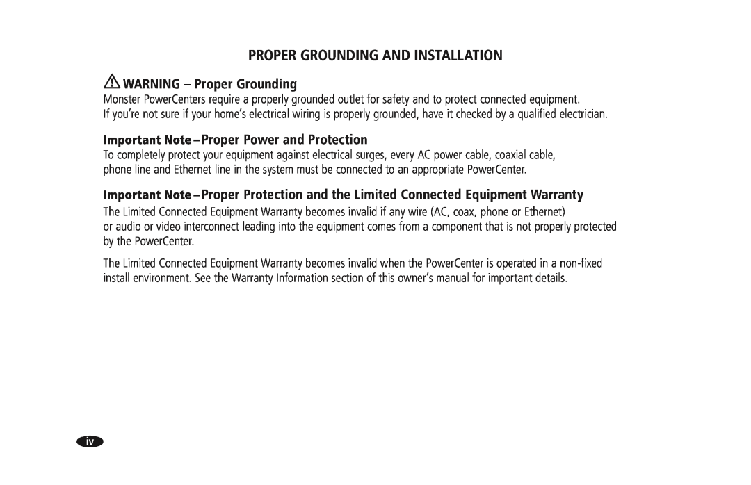 Monster Cable PRO 3600 owner manual Proper Grounding And Installation, WARNING - Proper Grounding 