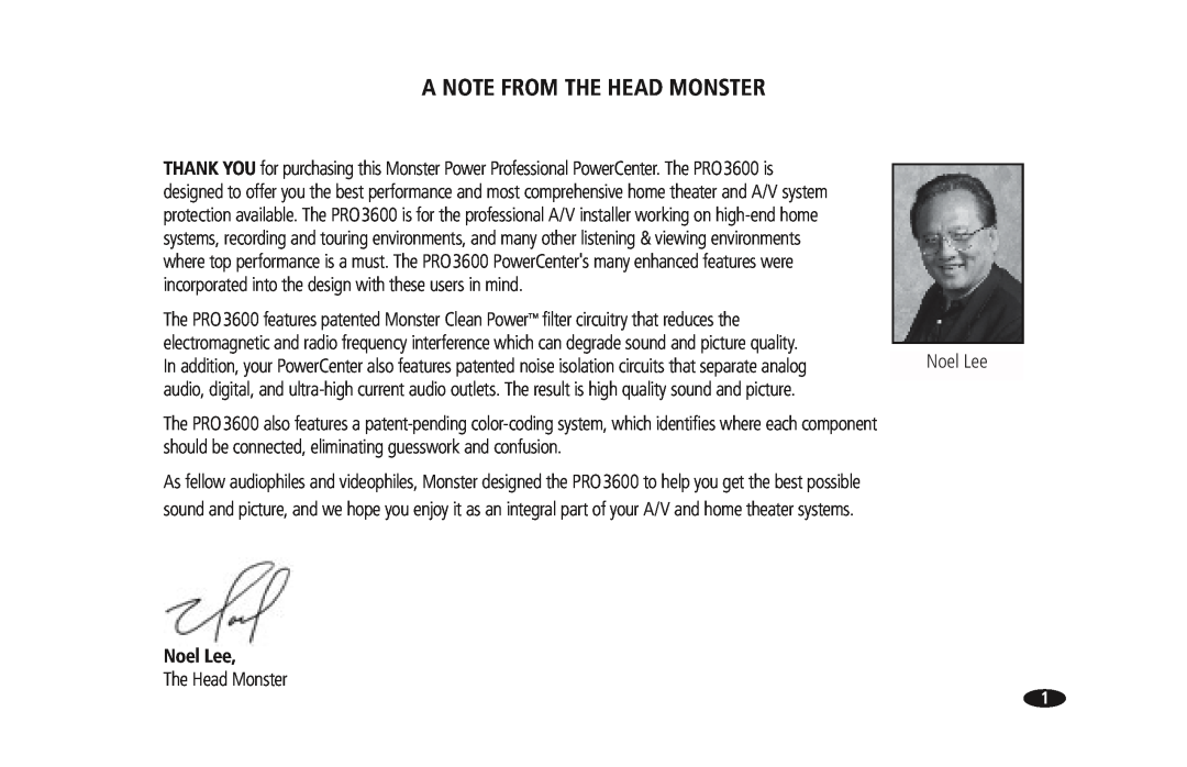 Monster Cable PRO 3600 owner manual A Note From The Head Monster, Noel Lee 