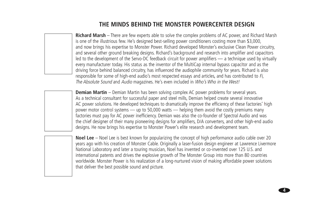 Monster Cable PRO 5100 owner manual Minds Behind the Monster Powercenter Design 