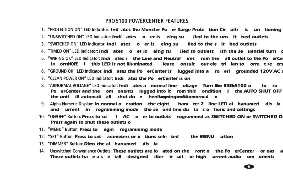 Monster Cable owner manual PRO 5100 Powercenter Features 