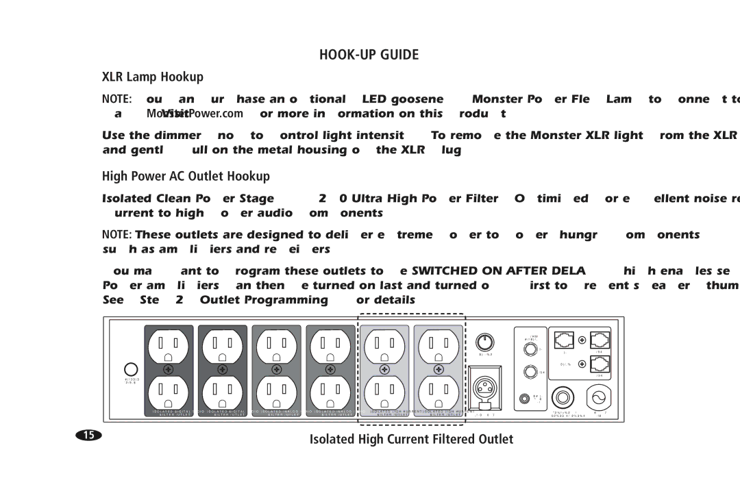 Monster Cable PRO 5100 owner manual XLR Lamp Hookup, High Power AC Outlet Hookup, See Outlet Programming for details 