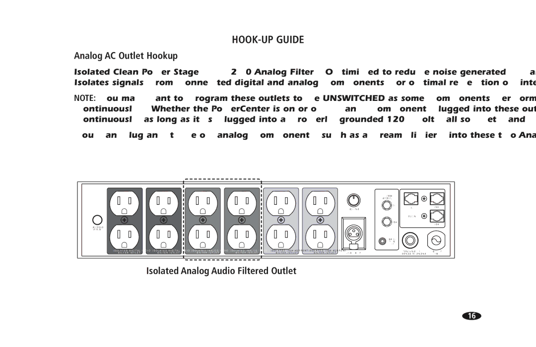 Monster Cable PRO 5100 owner manual Analog AC Outlet Hookup, Isolated Analog Audio Filtered Outlet 