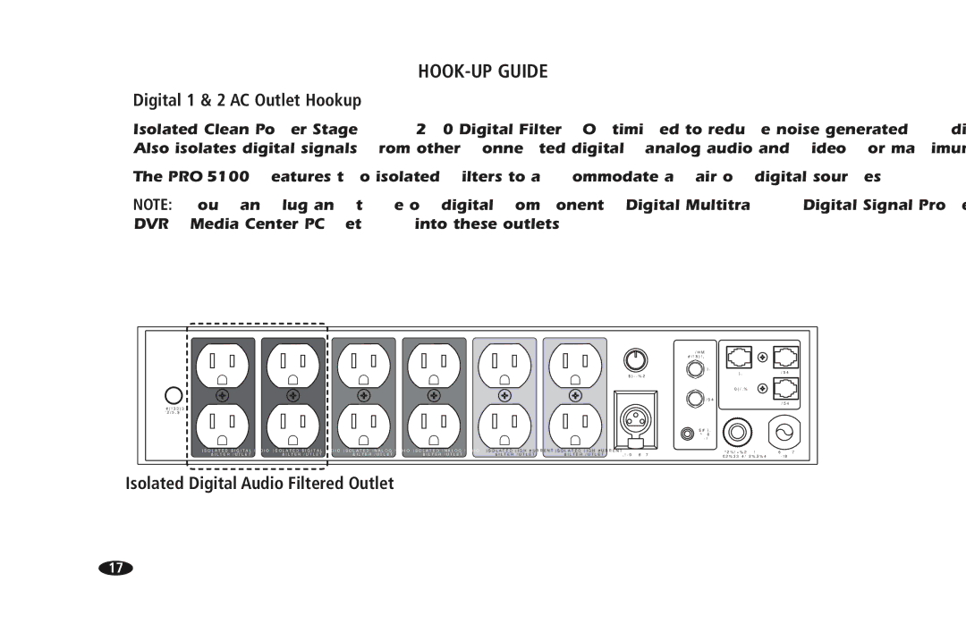 Monster Cable PRO 5100 owner manual Digital 1 & 2 AC Outlet Hookup, Isolated Digital Audio Filtered Outlet 