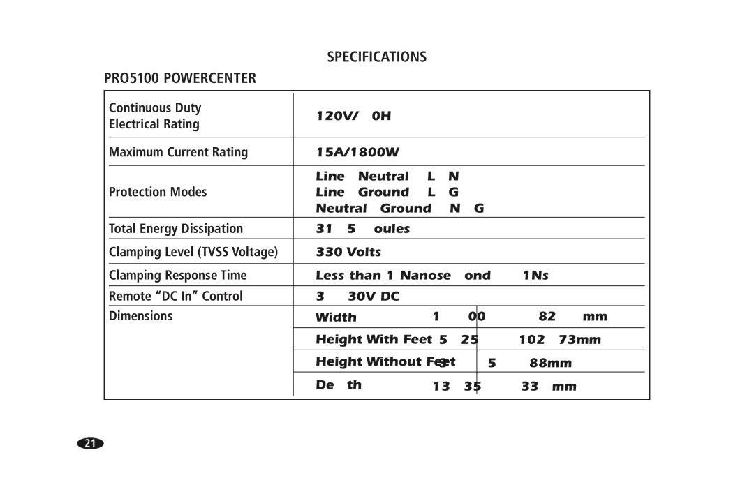 Monster Cable PRO 5100 owner manual PRO5100 Powercenter, Neutral-Ground N-G, 19.00, Height Without Feet, 13.35 