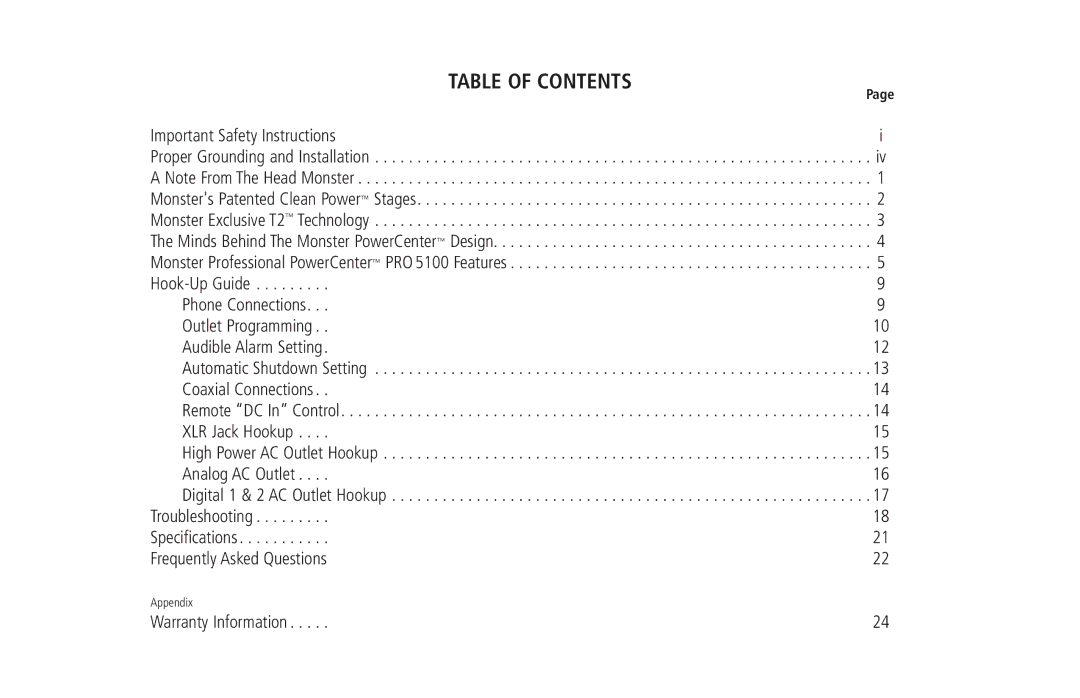 Monster Cable PRO 5100 owner manual Table of Contents 