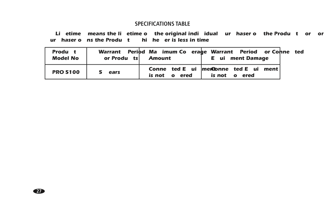 Monster Cable PRO 5100 owner manual Specifications Table 