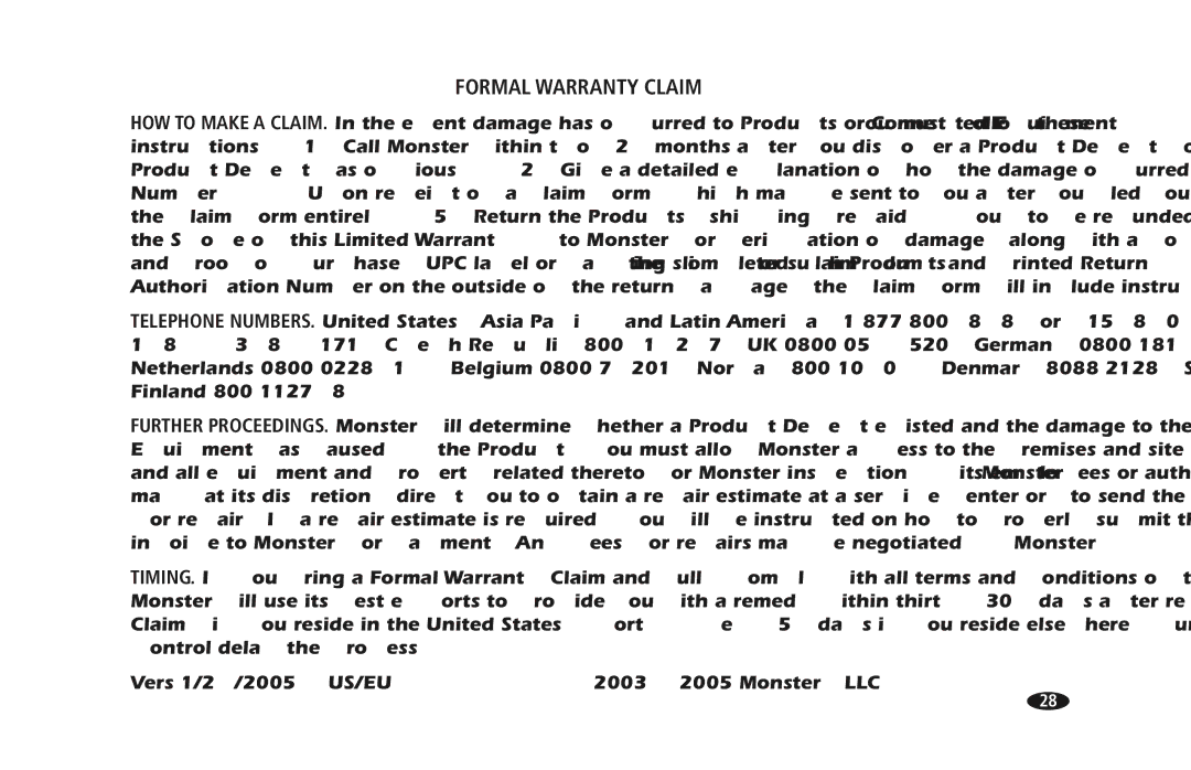 Monster Cable PRO 5100 owner manual Formal Warranty Claim, 2003 2005 Monster, LLC 