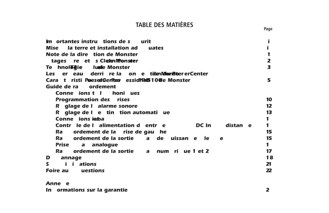 Monster Cable PRO 5100 owner manual Table DES Matières, Guide de raccordement, Connexions coaxiales, Prise c.a. analogue 