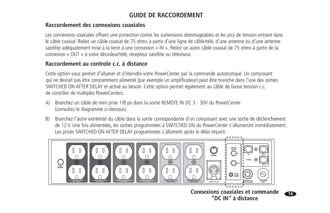 Monster Cable PRO 5100 owner manual Raccordement des connexions coaxiales, Raccordement au controle c.c. à distance 