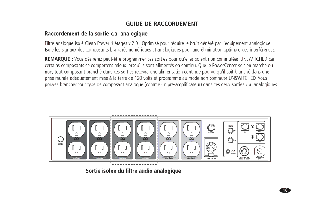 Monster Cable PRO 5100 owner manual Raccordement de la sortie c.a. analogique, Sortie isolée du ﬁltre audio analogique 