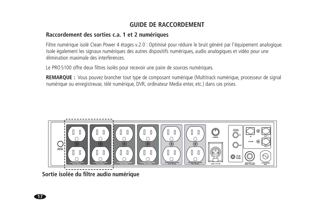 Monster Cable PRO 5100 owner manual Raccordement des sorties c.a et 2 numériques, Sortie isolée du ﬁltre audio numérique 