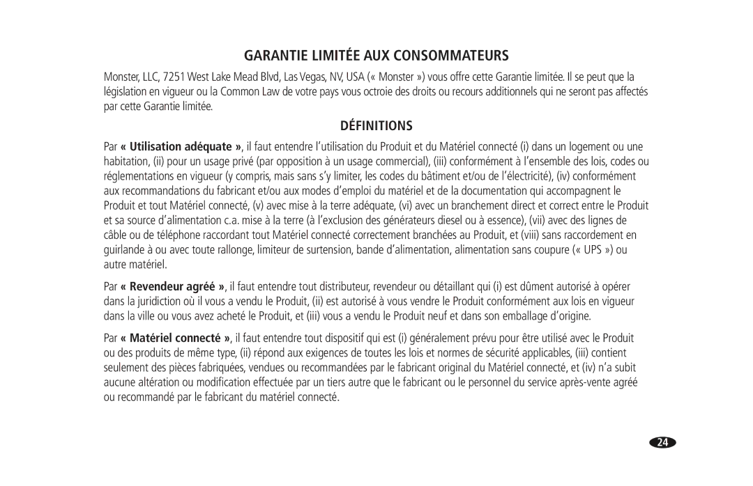 Monster Cable PRO 5100 owner manual Garantie Limitée AUX Consommateurs, Définitions 