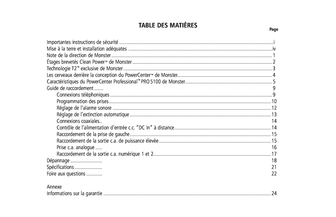 Monster Cable PRO 5100 owner manual Table Des Matières 