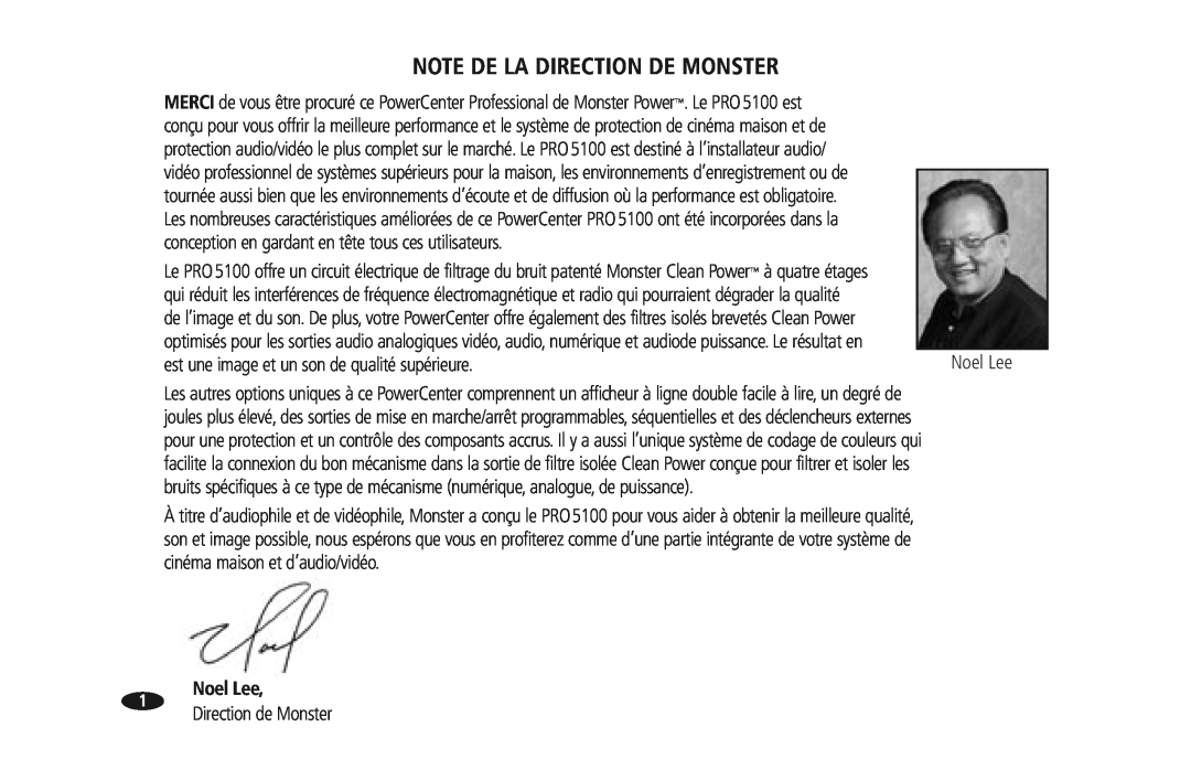 Monster Cable PRO 5100 owner manual Note De La Direction De Monster, Noel Lee, Direction de Monster 