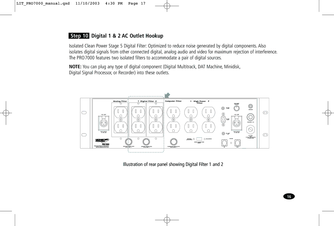 Monster Cable PRO7000 owner manual Digital 1 & 2 AC Outlet Hookup 