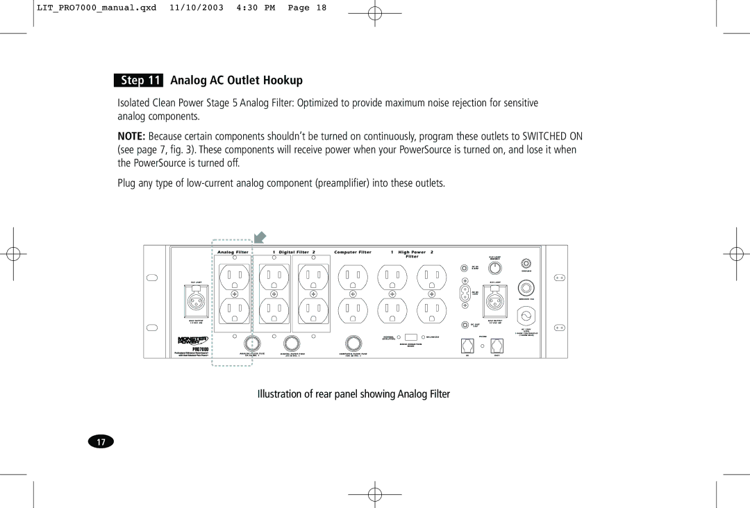 Monster Cable PRO7000 owner manual Analog AC Outlet Hookup 