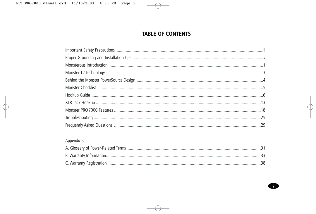 Monster Cable PRO7000 owner manual Table of Contents 